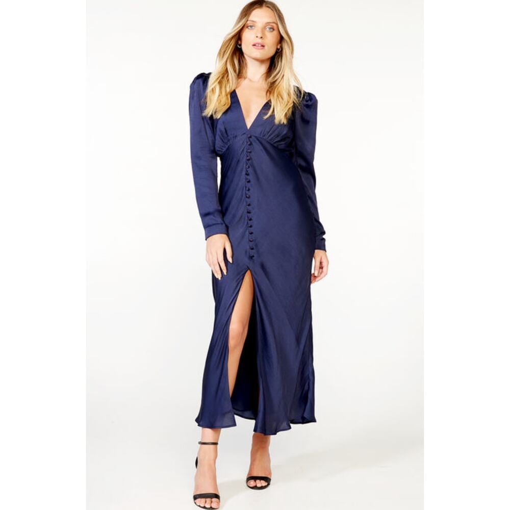 French Navy Bardot Rylee Button Down Maxi Dress 6/S